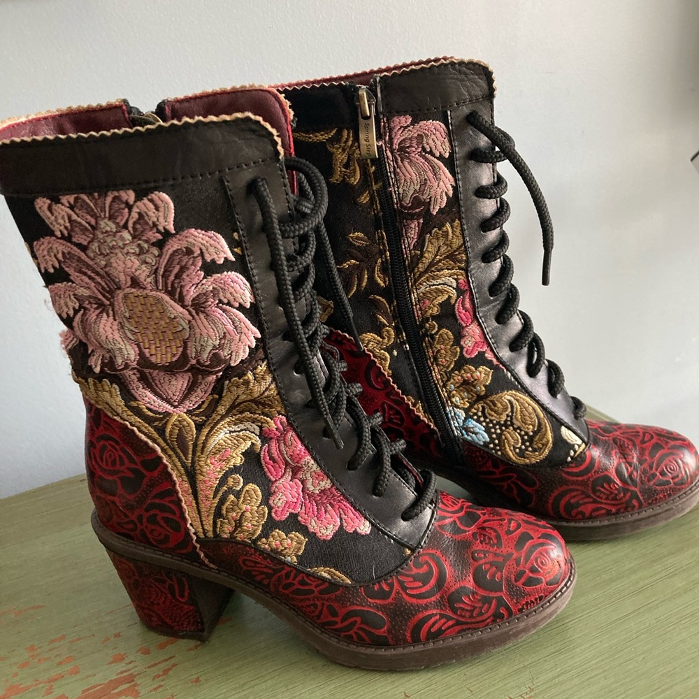 The Pyramid Collection Red and Black Embroidered Ankle Boots - Picture 5 of 5